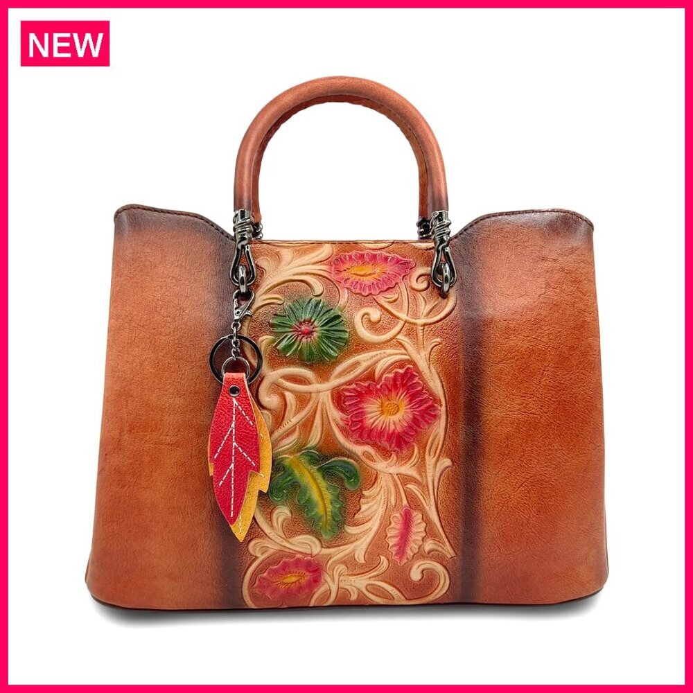 Genuine Leather Crossbody Satchel with Floral Embossed Vintage Design